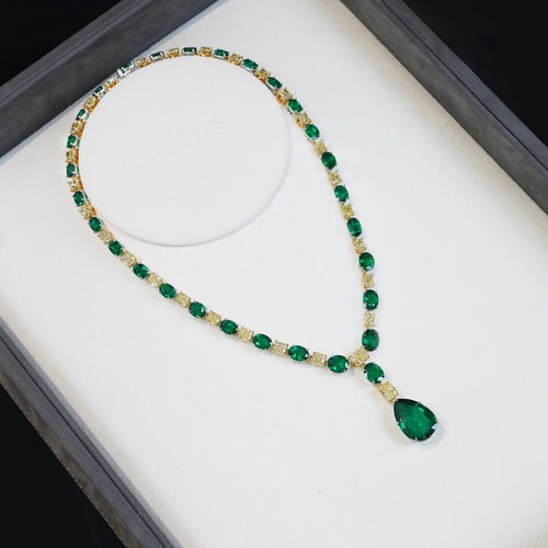 62.67 / 31.86 cts Minor Emerald with Yellow Cushion Diamond Necklace (ENQUIRE)