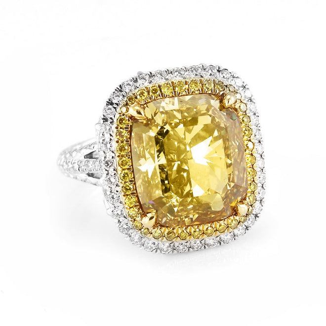 9.41 cts Fancy Yellow Cushion Diamond Ring
