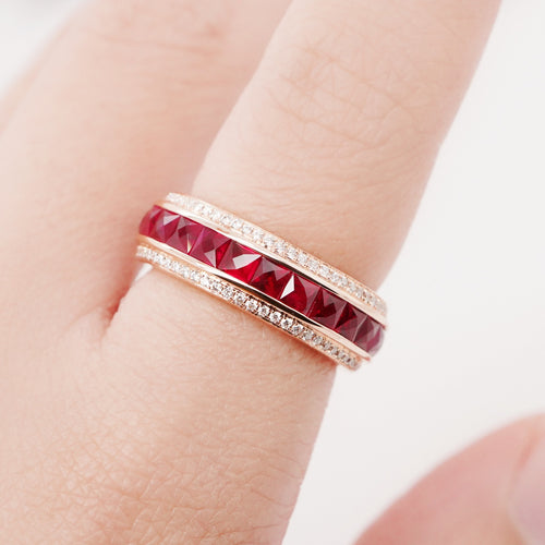 3.27 cts French Cut Ruby with White Diamond Pavée Eternity Ring