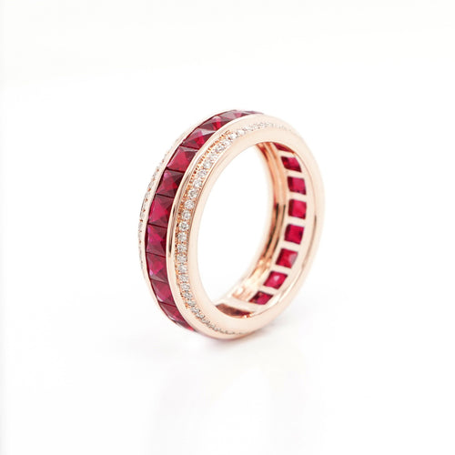 3.27 cts French Cut Ruby with White Diamond Pavée Eternity Ring