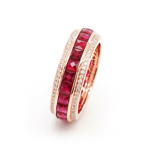 3.27 cts French Cut Ruby with White Diamond Pavée Eternity Ring