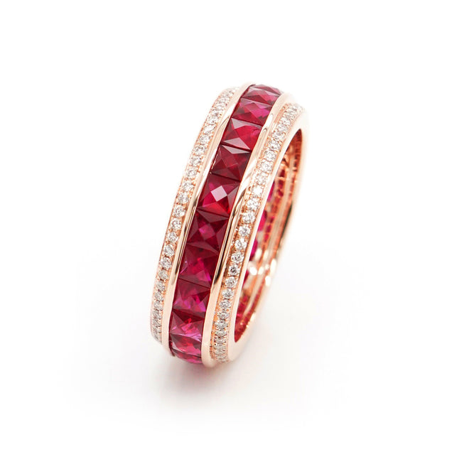 3.27 cts French Cut Ruby with White Diamond Pavée Eternity Ring