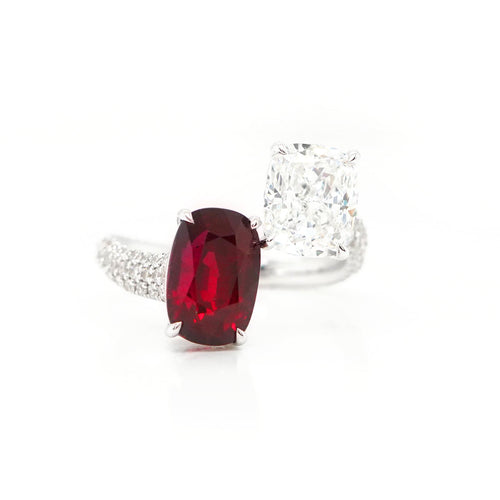 4.04 / 2.25 cts Cushion Ruby with Diamond Ring