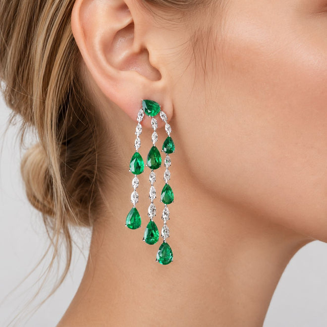 16.70 / 3.921 cts Minor Oil Pear Shape Emerald with Diamond Earrings
