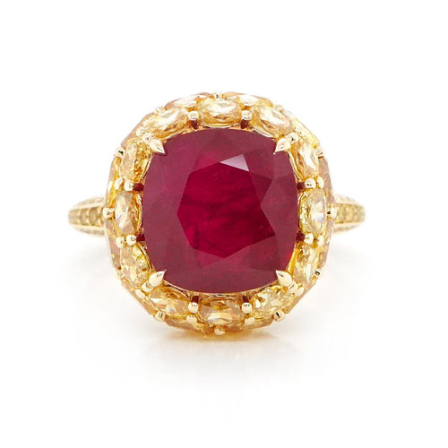 5.03 / 4.75 cts Unheated Burmese Ruby with Yellow Diamond Ring