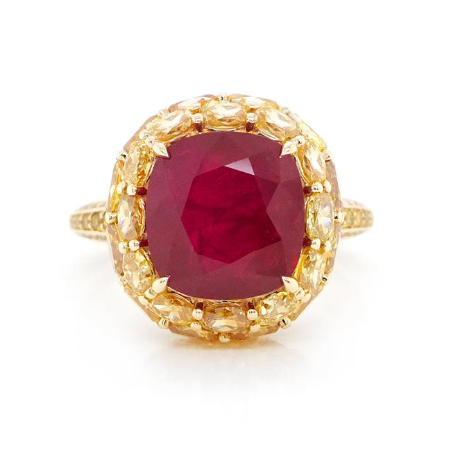 5.03 / 4.75 cts Unheated Burmese Ruby with Yellow Diamond Ring