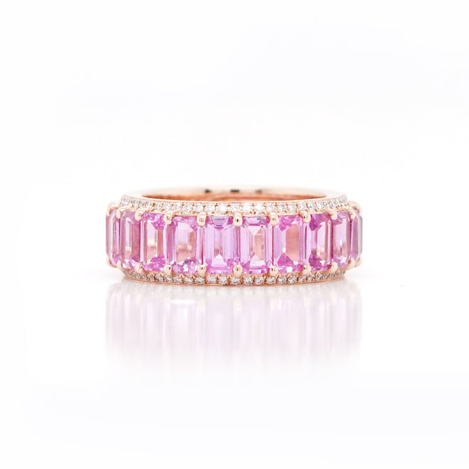 7.10 cts Octagon Fancy Sapphire With White Diamond Pavée Eternity Ring