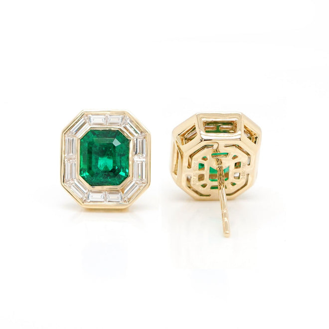 ee-25019-2.078  1.932  1.59 cts Minor Oil Octagon Emerald with Diamond Studs