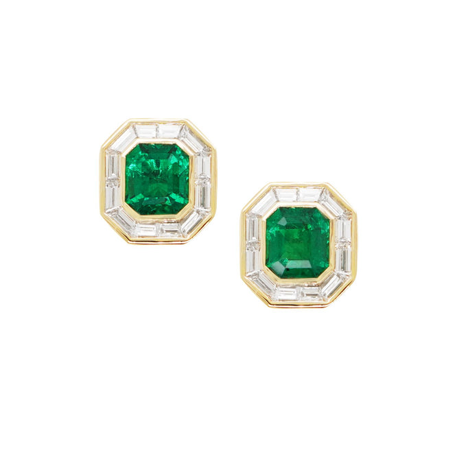 ee-25019-2.078  1.932  1.59 cts Minor Oil Octagon Emerald with Diamond Studs