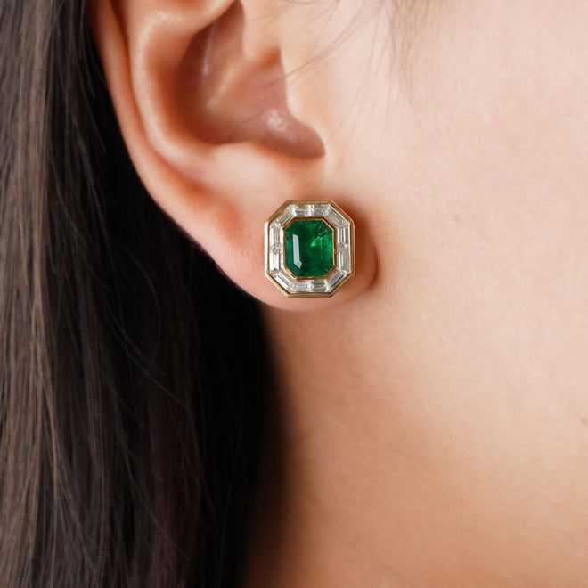 ee-25019-2.078  1.932  1.59 cts Minor Oil Octagon Emerald with Diamond Studs