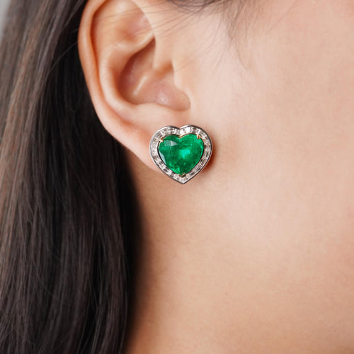 ee-25023-6.46  6.34  1.72 cts Minor Oil Colombian Heart Shape Emerald with Diamond Studs