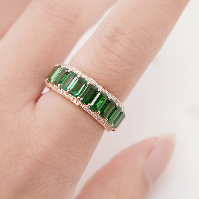 6.25 cts Octagon Tsavorite with White Diamond Pavée Eternity Ring