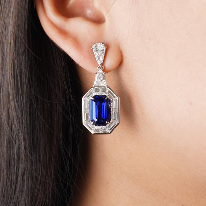 es-25010-7.12  7.06 cts Octagon Blue Sapphire with Diamond Earrings (ENQUIRE)