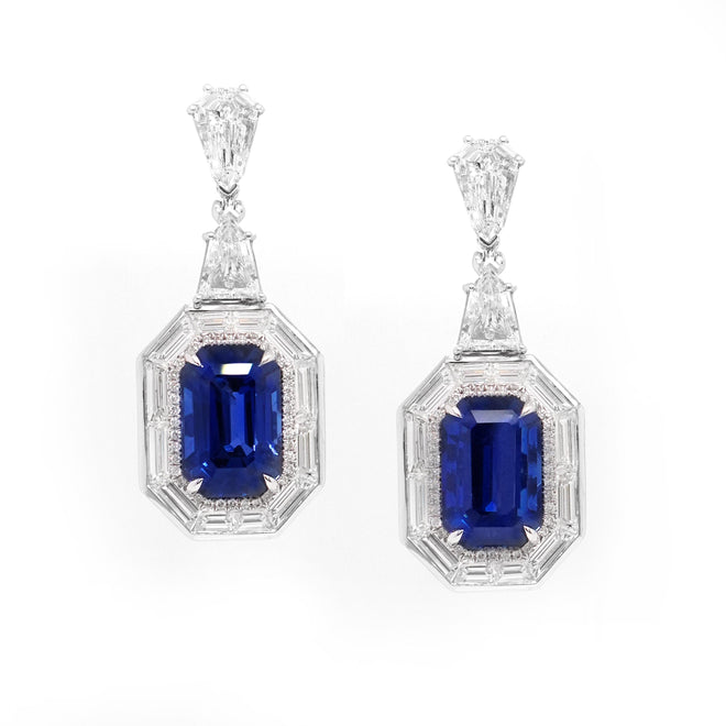 es-25010-7.12  7.06 cts Octagon Blue Sapphire with Diamond Earrings (ENQUIRE)
