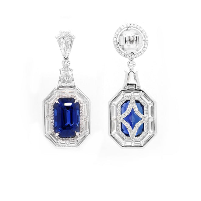 es-25010-7.12  7.06 cts Octagon Blue Sapphire with Diamond Earrings (ENQUIRE)