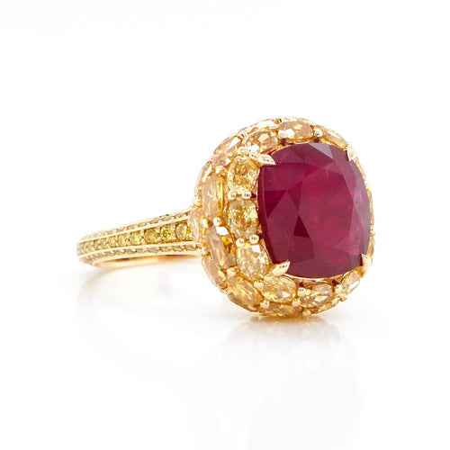 5.03 / 4.75 cts Unheated Burmese Ruby with Yellow Diamond Ring