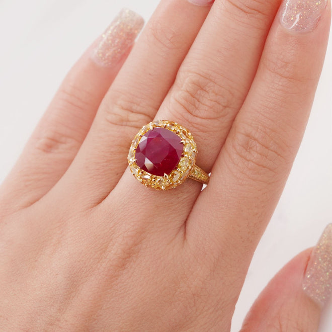 5.03 / 4.75 cts Unheated Burmese Ruby with Yellow Diamond Ring