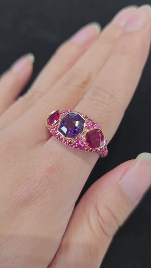 3.486 / 1.10 / 1.05 cts Hexagon Fancy Sapphire with Ruby Ring