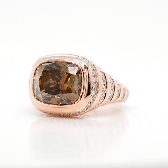 rd-25014-4.53 cts Fancy Dark Brown Yellow Cushion Diamond Ring