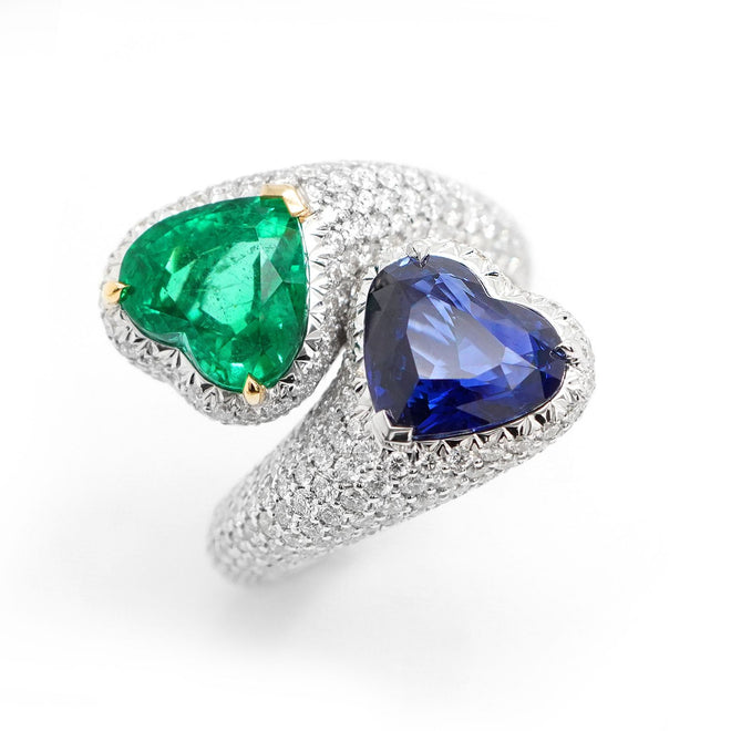 re-25019-2.992  2.285 cts Heart Shape Blue Sapphire with Emerald Ring