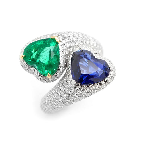 2.992 / 2.285 cts Heart Shape Blue Sapphire with Emerald Ring