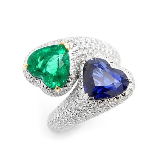 2.992 / 2.285 cts Heart Shape Blue Sapphire with Emerald Ring