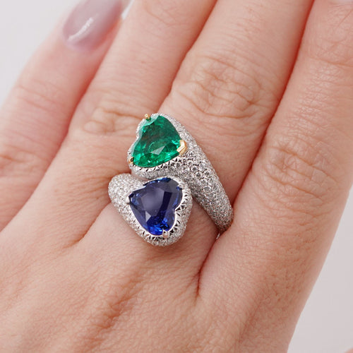 re-25019-2.992  2.285 cts Heart Shape Blue Sapphire with Emerald Ring