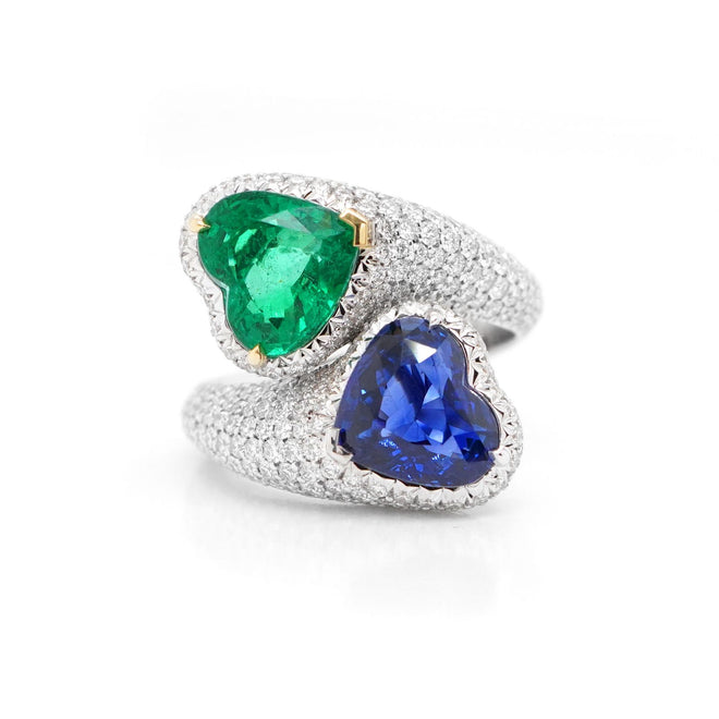 re-25019-2.992  2.285 cts Heart Shape Blue Sapphire with Emerald Ring