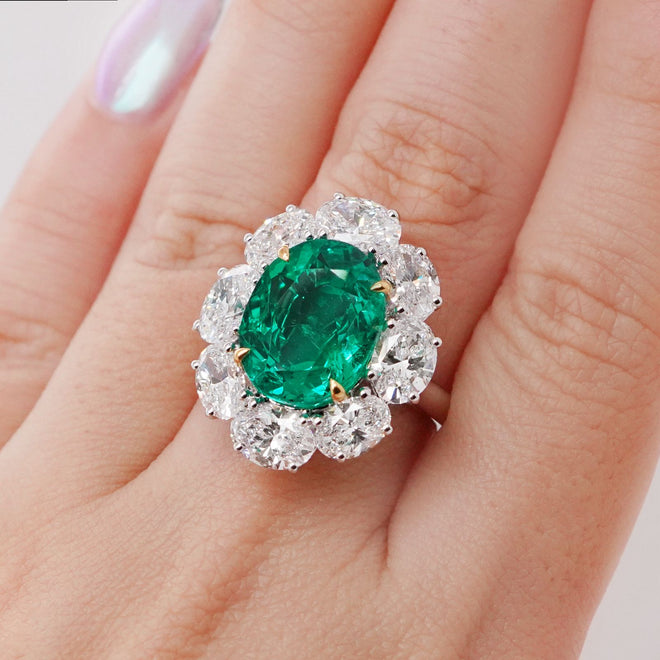 re-25023-7.04  4.82 cts Minor Oil Colombian Oval Emerald with Diamond Ring ( ENQUIRE)