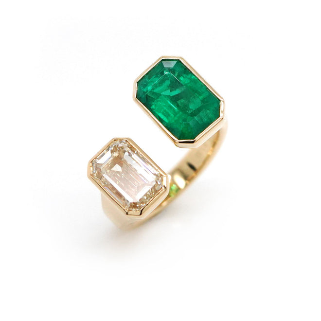 re-25034-3.93  3.00 cts Minor Oil Octagon Emerald with Diamond Ring