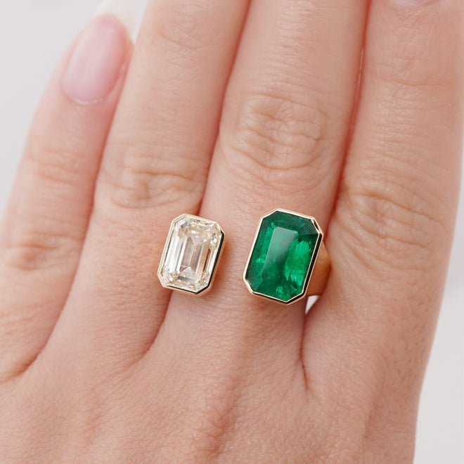 re-25034-3.93  3.00 cts Minor Oil Octagon Emerald with Diamond Ring