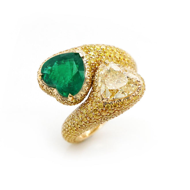 re-25035-2.451  2.01 cts Minor Oil Heart Shape Emerald with Fancy Yellow Diamond Ring