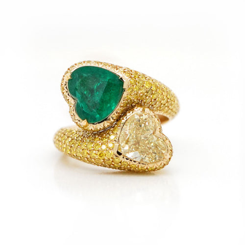 re-25035-2.451  2.01 cts Minor Oil Heart Shape Emerald with Fancy Yellow Diamond Ring