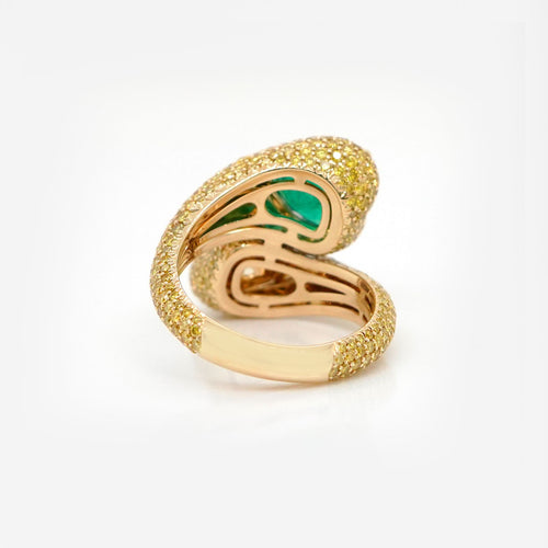 re-25035-2.451  2.01 cts Minor Oil Heart Shape Emerald with Fancy Yellow Diamond Ring