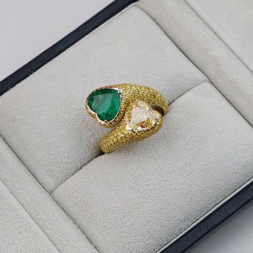 re-25035-2.451  2.01 cts Minor Oil Heart Shape Emerald with Fancy Yellow Diamond Ring