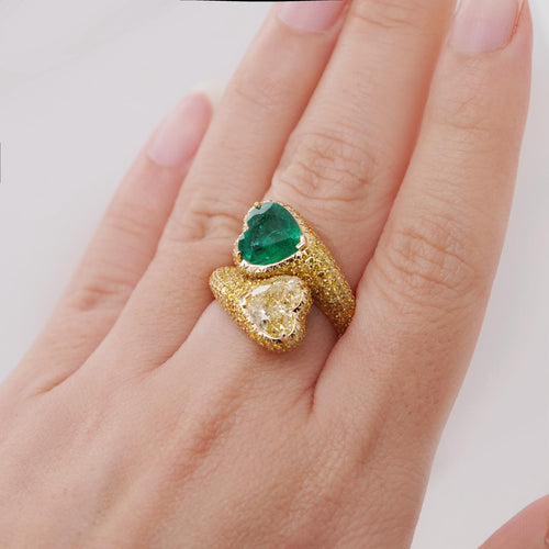 re-25035-2.451  2.01 cts Minor Oil Heart Shape Emerald with Fancy Yellow Diamond Ring